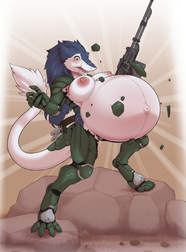 2020 4_toes 5_fingers anthro areola armor belly big_belly big_breasts blue_body blue_fur breasts clothes_bursting clothing expansion feet female fingers fur green_eyes gun hi_res hyper hyper_belly machine machine_gun navel nipples open_mouth papa_soul power_armor pregnant ranged_weapon scar sergal sharah shocked solo standing teeth toes wardrobe_malfunction weapon // 1601x2163 // 1.9MB