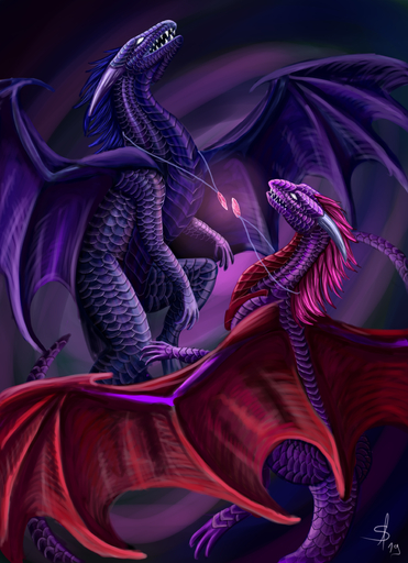 2019 absurd_res blue_hair claws digital_media_(artwork) dragon duo feral hair hi_res horn membrane_(anatomy) membranous_wings open_mouth purple_body purple_scales rathena scales scalie teeth western_dragon wings // 3595x4961 // 11.1MB