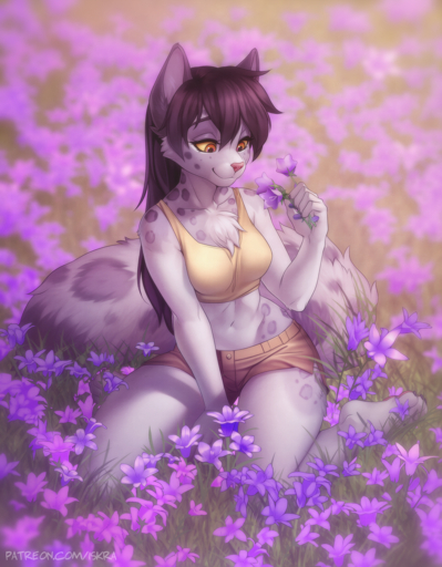 2018 5_fingers anthro biped breasts chest_tuft clothed clothing digital_media_(artwork) eyelashes felid female fingers flower grass iskra kneeling leopard mammal midriff navel orange_eyes pantherine pink_nose plant smile solo tuft yellow_sclera // 900x1156 // 1.8MB