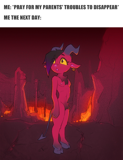 all_caps anthro bovid caprine charactername_genuss chest_fur demon ear_piercing ear_ring english_text goat hell hi_res hooves imp lava male mammal nipples piercing solo spade_tail tass_the_bovine text yellow_sclera // 1600x2084 // 2.1MB
