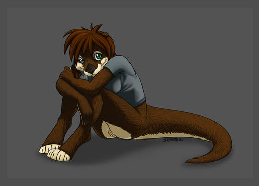 anthro biped border bottomless clothed clothing conditional_dnp female fur genitals green_eyes grey_background grey_border hair lutrine mammal mustelid pussy red_hair sefeiren shirt shy simple_background sitting solo topwear whiskers // 1000x718 // 108.4KB