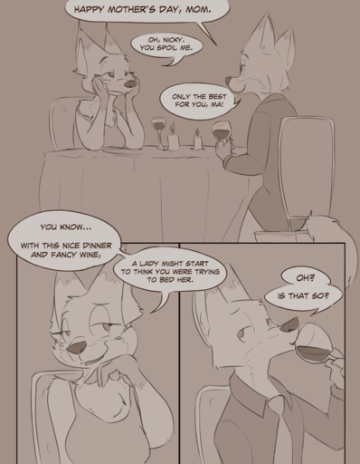 alcohol anthro beverage breasts candle canid canine clothed clothing comic date dialogue dinner_table dipstick_ears disney english_text female food fox incest_(lore) male mammal mature_anthro mature_female mother mother_and_child mother_and_son mrs._wilde multicolored_ears necktie nick_wilde parent parent_and_child shirt sketch son speech_bubble text topwear visiti wine wine_glass zootopia // 637x819 // 239.7KB
