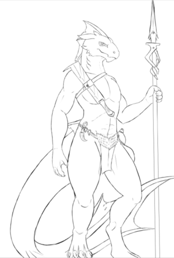 bottomwear claws clothing digital_media_(artwork) dragon fin fo'storo frostedscales line_art loincloth male melee_weapon monochrome muscular muscular_male polearm river_drake scalie solo spear thesecretcave thick_tail tribal weapon // 566x838 // 122.6KB