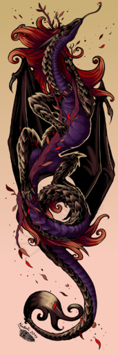 1:3 2019 absurd_res ambiguous_gender black_body black_scales claws detailed_background digital_media_(artwork) dragon hair hi_res horn membrane_(anatomy) membranous_wings natoli red_eyes red_hair scales scalie solo western_dragon wings // 1000x3000 // 2.6MB