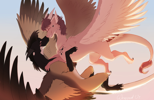 2020 4_toes day digital_media_(artwork) dragon duo feathered_dragon feathered_wings feathers feet feral flying fur furred_dragon hi_res horn outside paws pink_body pink_feathers pink_fur sky smile toes wings wrappedvi // 2007x1298 // 1.4MB