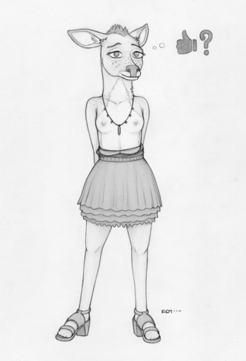 ? anthro areola biped bojack_horseman bottomwear breasts cervid clothed clothing ecmajor eyelashes female footwear full-length_portrait fur greyscale hair hi_res high_heels jewelry looking_at_viewer mammal monochrome necklace netflix nipples penny_carson portrait shoes simple_background skirt small_breasts smile solo standing teenager topless traditional_media_(artwork) white_background young // 965x1414 // 701.9KB