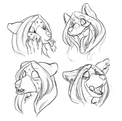 anthro black_and_white bodily_fluids claws conditional_dnp ears_back expression_sheet expressions fangs female food fruit fys hyaenid licking mammal monochrome pivoted_ears plant raspberry saliva sefeiren simple_background sketch solo spots spotted_hyena teeth tongue tongue_out white_background // 752x745 // 146.8KB