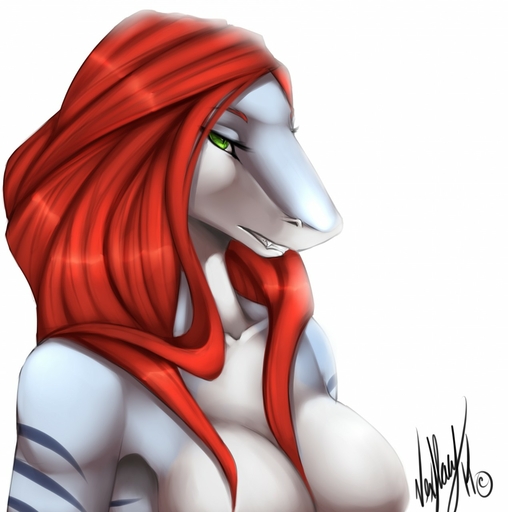 anthro blue_body blue_skin breasts female fish green_eyes hair hi_res marine non-mammal_breasts nude red_hair shark solo stripes vexstacy white_body white_skin // 1270x1280 // 155.3KB