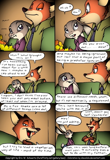 2016 absurd_res anthro barefoot bouquet canid canine clothed clothing color_edit colored comic crossed_legs cuddling dialogue diavololo digital_media_(artwork) disney duo dvd edit english_text eric_schwartz feet female fox fur furniture gloves_(marking) grey_body grey_fur hand_behind_back hi_res holding_object judy_hopps lagomorph leporid looking_back male mammal markings nick_wilde predatorprey rabbit red_body red_fur sitting size_difference smile sofa speech_bubble television text url zootopia // 1812x2628 // 2.2MB