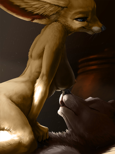 3:4 anthro big_ears black_nose breasts canid canine canis detailed duo eyes_closed female fennec fox fur grey_body grey_fur hi_res inner_ear_fluff ipoke light lighting male malefemale mammal nipples nude on_top tan_body tan_fur tuft video_games vulpera vulpes whiskers wolf // 960x1280 // 828.6KB
