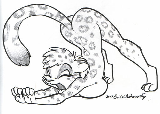 2007 anthro ass_up bent_over big_breasts breast_squish breasts butt eric_schwartz eyes_closed felid female flexible greyscale leopard leopard_spots mammal monochrome nude open_mouth pantherine solo spots squish stretching yawn yoga // 1092x776 // 149.9KB