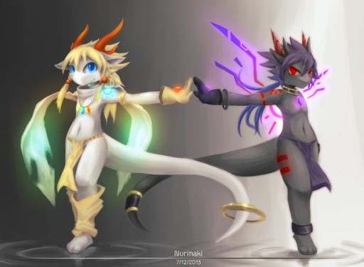 anthro barefoot blue_eyes bottomwear clothed clothing dragon duo feet gloves hair handwear hi_res horn jewelry loincloth long_hair male necklace nurinaki partially_clothed red_eyes scalie standing // 1900x1393 // 7.6MB
