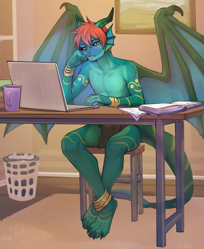 absurd_res anthro arm_support black_sclera book claws clothed clothing computer desk digital_media_(artwork) dragon floorboards furniture green_body green_scales hair hi_res horn inkh inside laptop laundry_basket male markings membrane_(anatomy) membranous_wings mug painting_(object) red_hair romarom rug scales shaded sitting solo table toe_claws topless wings yellow_body yellow_eyes yellow_markings yellow_scales // 2361x2880 // 483.4KB