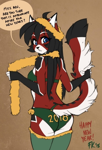 2018 android anthro ara bell black_body black_fur black_hair blue_eyes breasts butt clothed clothing cybernetics cyborg dialogue digital_media_(artwork) domestic_cat english_text felid feline felis female fluff-kevlar fur furgonomics hair hi_res holding_tail holidays looking_at_viewer looking_back looking_back_at_viewer machine mammal multicolored_body multicolored_fur new_year panties red_body red_fur robot simple_background solo standing text underwear white_body white_fur // 1034x1518 // 204.7KB