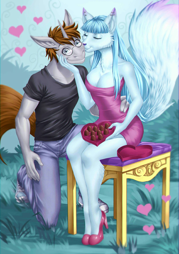 <3 alanscampos anthro better_version_at_source breasts candy canid canine chocolate clothing dessert dress duo equid equine eyes_closed eyewear female food glasses hair happy hi_res horn horse kissing male mammal romantic romantic_ambiance smile unicorn // 848x1200 // 512.8KB