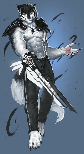 abs anthro armor barefoot biceps biped black_body black_fur black_hair blue_background blue_eyes bottomwear claws clothed clothing digitigrade discordnight dog_tags dopq feet fur hair hi_res looking_at_viewer male mammal melee_weapon muscular muscular_anthro muscular_male pants pawpads pecs science_fiction sergal simple_background smile solo standing sword toe_claws topless unconvincing_armor visor weapon white_body white_fur yy6241 // 697x1280 // 151.0KB