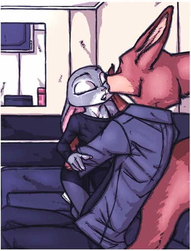 anthro canid canine clothing comic disney duo female fox fur furniture hi_res interspecies judy_hopps lagomorph larger_male luraiokun male mammal necktie nick_wilde size_difference smaller_female sofa zootopia // 972x1280 // 721.8KB