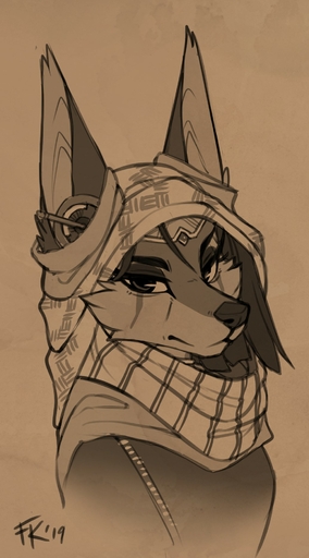 2019 anthro canid canine canis clothed clothing conditional_dnp crown digital_media_(artwork) earpiece female fluff-kevlar fur hair headgear headwear hi_res hijab jackal kesis_(fluff-kevlar) looking_at_viewer mammal religious_clothing religious_headwear scarf simple_background sketch solo // 1033x1861 // 239.5KB