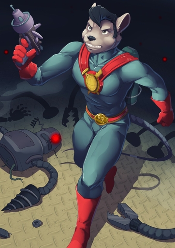 adventure anthro athletic athletic_anthro athletic_male black_hair black_nose boots clothed clothing comic drama drill footwear gloves hair handwear hero hi_res machine male mammal murid murine rat ray_gun robot rocket_rat rodent running science_fiction series short_hair simple_background solo star superhero teeth three-quarter_view twinkle-sez // 905x1280 // 195.9KB
