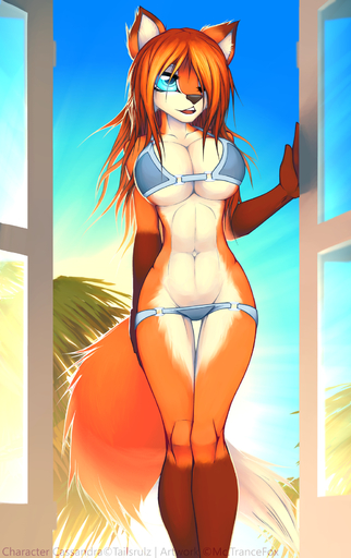 2015 anthro big_breasts blue_eyes bra breasts brown_body brown_fur canid canine cassandra_(tailsrulz) clothed clothing female fox fur gloves_(marking) hair hi_res leg_markings long_legs macmegagerc mammal markings multicolored_body multicolored_fur orange_body orange_fur orange_hair outside panties panties_down partially_clothed socks_(marking) solo thigh_gap thong under_boob underwear underwear_down v-cut white_body white_fur // 1031x1640 // 1.5MB