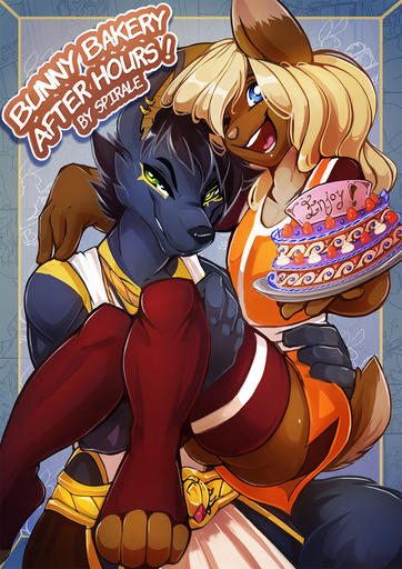 2015 anthro anubian_jackal anubislivess black_body black_fur black_nose cake canid canine canis clothed clothing comic cover dessert digital_media_(artwork) duo egyptian egyptian_clothing english_text food fur girly hair hi_res jackal lagomorph leporid lexus_(lexusbun) long_hair looking_at_viewer male malemale mammal open_mouth rabbit shendyt simple_background smile spirale teeth text tongue // 1025x1450 // 1.5MB