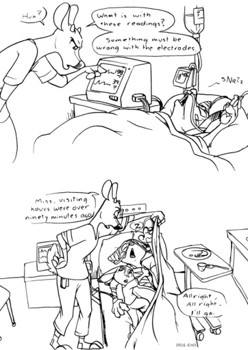 anthro bandage bed black_and_white canid canine cervid clothed clothing comic cuddling dialogue disney doctor english_text eric_schwartz female fox furniture hi_res hospital judy_hopps lagomorph leporid lying male mammal monochrome nick_wilde on_back on_bed patient rabbit simple_background sleeping speech_bubble text wounded zootopia // 906x1280 // 226.2KB