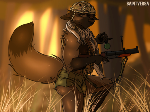 anthro bulge canid canine clothed clothing explosives forest grenade hi_res invalid_tag launcher male mammal military mulitcam muscular muscular_anthro muscular_male plant saintversa solo tree weapon // 2477x1865 // 4.2MB