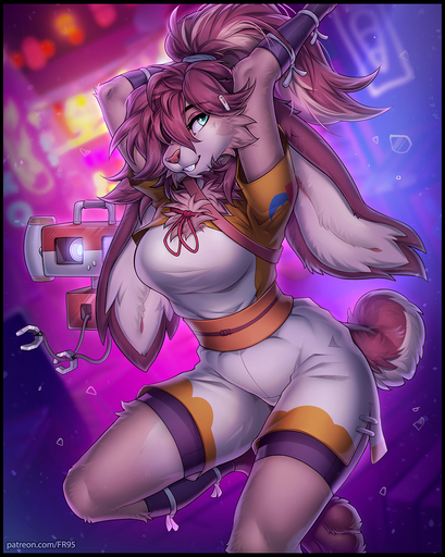 anthro blurred_background breasts clothed clothing digital_media_(artwork) duo eyebrows f-r95 female fur hair hi_res lagomorph lepi leporid long_ears looking_at_viewer lop_(star_wars_visions) machine mammal robot smile td-4 tuft // 1039x1300 // 1.6MB