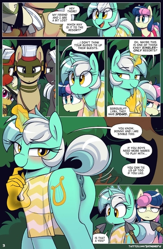 5_fingers animal_genitalia animal_pussy anus bedroom_eyes blonde_hair blue_eyes blue_hair blush bonbon_(mlp) clothing comic cutie_mark daring_do_(mlp) dialogue english_text equid equine equine_pussy eyelashes female feral fingers forest fur genitals green_body green_eyes green_fur green_horn grey_eyes group hair hat headgear headwear hi_res horn horse looking_at_another lyra_heartstrings_(mlp) magic male mammal markings melee_weapon motion_lines multicolored_hair narrowed_eyes open_mouth orange_eyes outside pink_hair plant polearm pony pussy raised_tail red_eyes rope seductive shinodage smile spear speech_bubble text tree two_tone_hair unicorn url weapon white_hair yellow_body yellow_eyes yellow_fur // 1080x1649 // 300.4KB