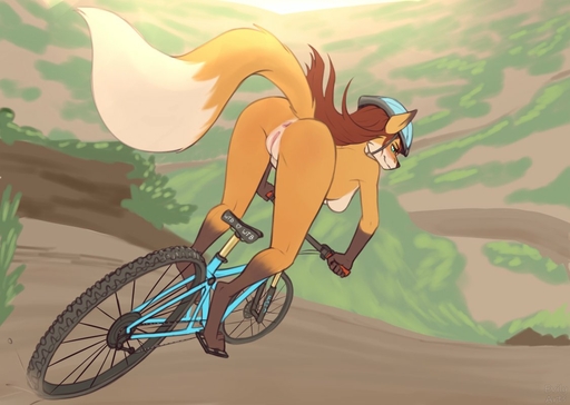 2022 anthro anus armor bicycle bicycle_helmet breasts brown_hair butt canid canine casual_nudity cycling detailed_background evilymasterful female fox fur genitals hair headgear headgear_only helmet helmet_only mammal orange_body orange_fur pussy rear_view side_boob solo // 1125x800 // 89.5KB