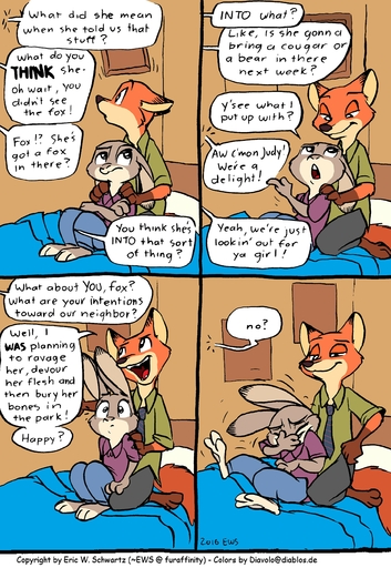 2016 absurd_res anthro barefoot bed buckteeth canid canine color_edit colored comic cuddling dialogue diavololo disney duo edit english_text eric_schwartz eye_contact feet female fox fur furniture grey_body grey_fur hi_res humor judy_hopps lagomorph laugh leporid line_art long_ears looking_at_another male mammal motion_lines nick_wilde on_bed predatorprey rabbit red_body red_fur romantic romantic_couple speech_bubble surprise teeth text unseen_character zootopia // 1812x2628 // 1001.4KB
