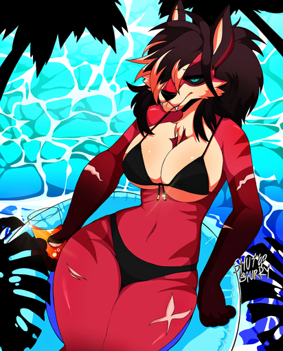 absurd_res anthro big_breasts bikini breasts canid canine canis clothed clothing female fox fur hair hi_res mammal scar shutupblurry solo swimwear wolf // 3105x3862 // 1.7MB