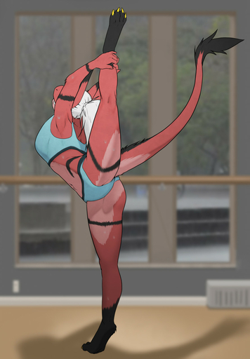 anthro black_feet black_stripes black_tipped_ears blue_clothing blurred_background claws clothed clothing dragon female floor fur furred_dragon hair hi_res mischa_(character) mischadot panties partially_clothed partially_clothed_anthro partially_clothed_female plant raised_leg raised_tail red_body scalie shadow solo stretching stripes tail_tuft tree tuft underwear white_hair window // 889x1280 // 135.7KB