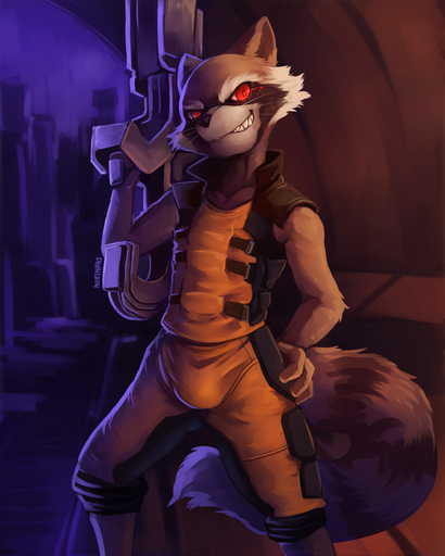 4:5 anthro bulge clothed clothing evil_face gun male mammal nurinaki pinup pose procyonid raccoon ranged_weapon rocket_raccoon solo weapon // 800x1000 // 625.6KB