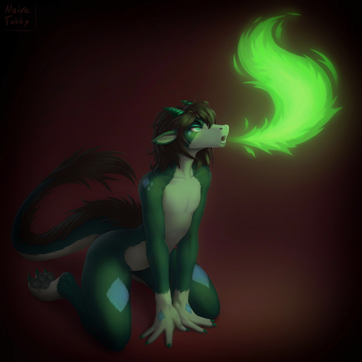 1:1 absurd_res anthro breath_powers colored_fire digital_media_(artwork) dragon elemental_manipulation fire fire_breathing fire_manipulation fur green_body green_fire green_fur hi_res male naive_tabby shaded simple_background sitting solo // 3000x3000 // 1.2MB