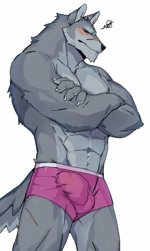 2021 absurd_res anthro blush bulge canid canine canis clothing crossed_arms eyes_closed facial_scar fur gakujo genital_outline grey_body grey_fur hi_res male mammal multicolored_body multicolored_fur muscular muscular_anthro muscular_male penis_outline scar simple_background solo two_tone_body two_tone_fur underwear wolf // 1497x2500 // 231.2KB