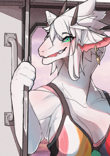 2018 absurd_res anthro breasts cleavage clothed clothing con5710 detailed_background dragon ear_piercing female hair hi_res horn looking_at_viewer muscular muscular_anthro muscular_female piercing scalie smile solo subway topwear // 2480x3508 // 7.8MB