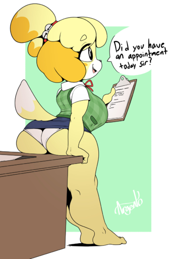 2018 animal_crossing anthro argento barefoot biped butt canid canine canis clipboard clothed clothing dialogue digital_media_(artwork) domestic_dog english_text feet female hair hi_res holding_object isabelle_(animal_crossing) mammal nintendo panties shih_tzu short_stack signature solo text toy_dog underwear upskirt video_games // 1346x1953 // 359.2KB