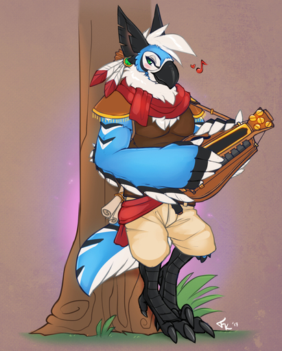 2017 3_toes <3 against_tree alternate_species anthro avian back_toe biped bird blue_jay blush breath_of_the_wild claws clothed clothing corvid cosplay digital_media_(artwork) feet fluff-kevlar full-length_portrait fully_clothed grass green_eyes hurdy-gurdy jay_(bird) kass_(tloz) leaning male musical_note new_world_jay nintendo oscine passerine plant portrait rane rito simple_background solo the_legend_of_zelda toe_claws toes tree video_games // 739x920 // 720.8KB