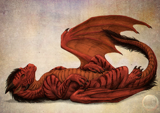 2018 ambiguous_gender archspirigvit black_hair claws digital_media_(artwork) dragon feral full-length_portrait hair horn lying membrane_(anatomy) membranous_wings on_back portrait red_body red_scales scales scalie solo western_dragon wings // 1448x1024 // 269.4KB