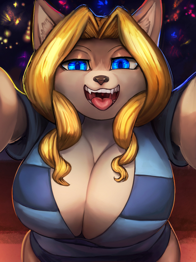 absurd_res anthro big_breasts blonde_hair blue_eyes breasts cheese_quesadilla cleavage clothed clothing digital_media_(artwork) felid female general-irrelevant grabbing_viewer hair hi_res looking_at_viewer mammal pattern_clothing smile solo striped_clothing stripes // 2700x3600 // 3.6MB