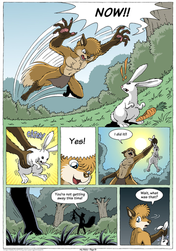 2015 anthro blue_eyes bottomwear canid canine carrot clothing comic dialogue english_text farin feral food fox fur geminisaint hi_res hunting lagomorph leporid lifting loincloth looking_back male mammal nature plant pounce rabbit silhouette speech_bubble text tribal vegetable // 896x1280 // 507.0KB