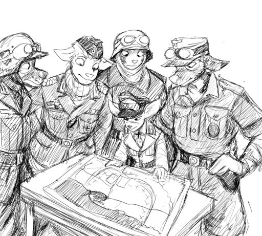 anthro armor black_and_white canid canine clothing erwin_rommel eyewear fennec fox furniture goggles group hat headgear headwear helmet hladilnik male mammal military monochrome nazi size_difference table vulpes world_war_2 // 1280x1152 // 1.9MB