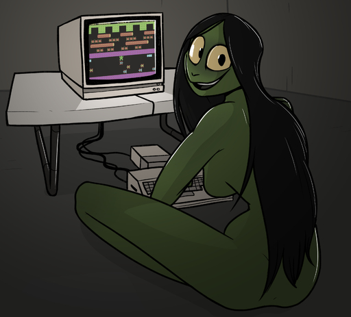 2018 absurd_res amphibian anthro biped black_hair breasts casual_nudity computer digital_media_(artwork) female frog furniture gaming green_body green_skin hair hi_res inside keadonger keyboard long_hair looking_at_viewer looking_back nude open_mouth scp-811 scp_foundation side_boob sitting smile solo table video_games yellow_eyes // 3174x2871 // 1.6MB