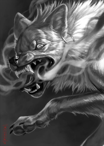 2016 ambiguous_gender anthro black_lips canid canine canis ear_piercing greyscale hauringu hi_res lips mammal monochrome open_mouth pale_eyes paws piercing solo teeth tongue wolf // 1000x1400 // 538.4KB