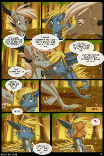 2013 blonde_hair blue_body blue_eyes blue_fur claws comic day dragon english_text feral forest fur grass hair hi_res horn membrane_(anatomy) membranous_wings outside plant scalie skaydie standing teeth text tree western_dragon wings // 1100x1648 // 1.9MB