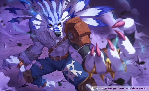 2018 5_fingers alanscampos black_nose bottomwear brown_eyes canid canine claws clothed clothing detailed_background digimon_(species) digital_media_(artwork) ear_piercing fingers fur hi_res male mammal navel pants piercing solo standing topless weregarurumon white_body white_fur // 2000x1227 // 751.9KB