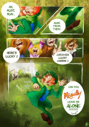 blonde_hair brown_hair clothing comic english_text female forest grass hair hat headgear headwear hi_res human looking_back lucky_the_leprechaun male mammal mascot outside plant red_hair spirale teeth text tree wood yelling // 902x1280 // 224.6KB