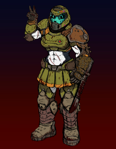 anthro armor blood bodily_fluids bottomwear breasts canid canine canis clothed clothing cosplay domestic_dog doom_eternal female gesture headgear helmet hi_res hladilnik mammal muscular muscular_anthro muscular_female samantha_thott scar skirt smile solo v_sign weapon // 1280x1646 // 1023.5KB