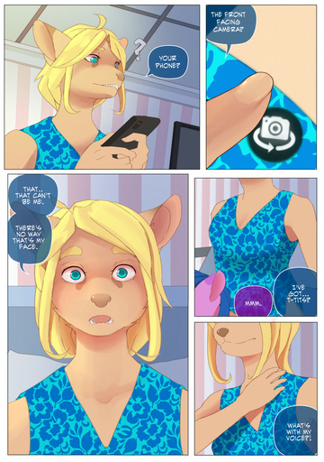 anthro blonde_hair breasts canid canine canis comic corablue dialogue female gender_transformation girly hair hi_res holding_object holding_phone hospital_gown long_hair male mammal mtf_transformation open_mouth phone solo surprise transformation wolf // 900x1280 // 373.8KB